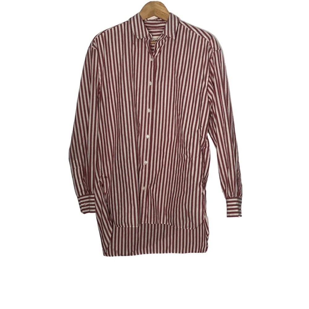 Nili Lotan Fulton Box Shirt Stripe Button down 3/4 Sleeve women's Size Small Red